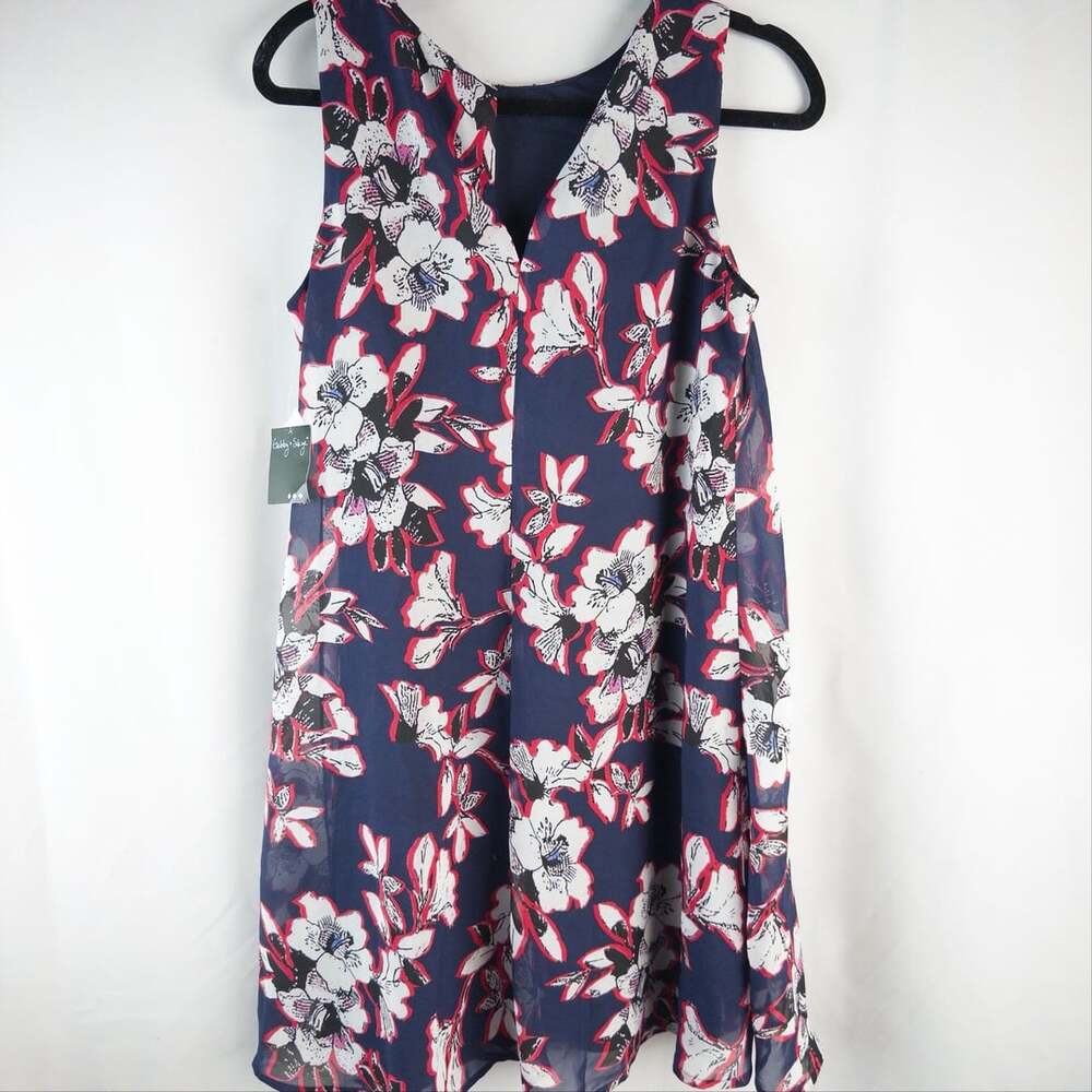 Gabby Skye Floral Dress Size 10 Navy Blue Chiffon Flowy Swing Sleeveless